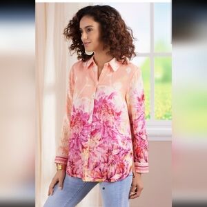 Soft Surroundings sz. M Altura Gauze Floral Button Up Shirt Tunic Striped Blouse